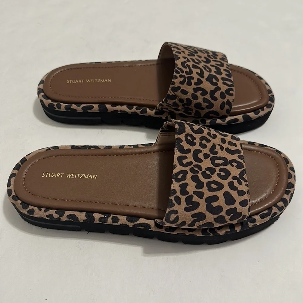 STUART Weitzman Santorini Flatform Slide Sandal Leopard Animal Print Brown Sz 7B